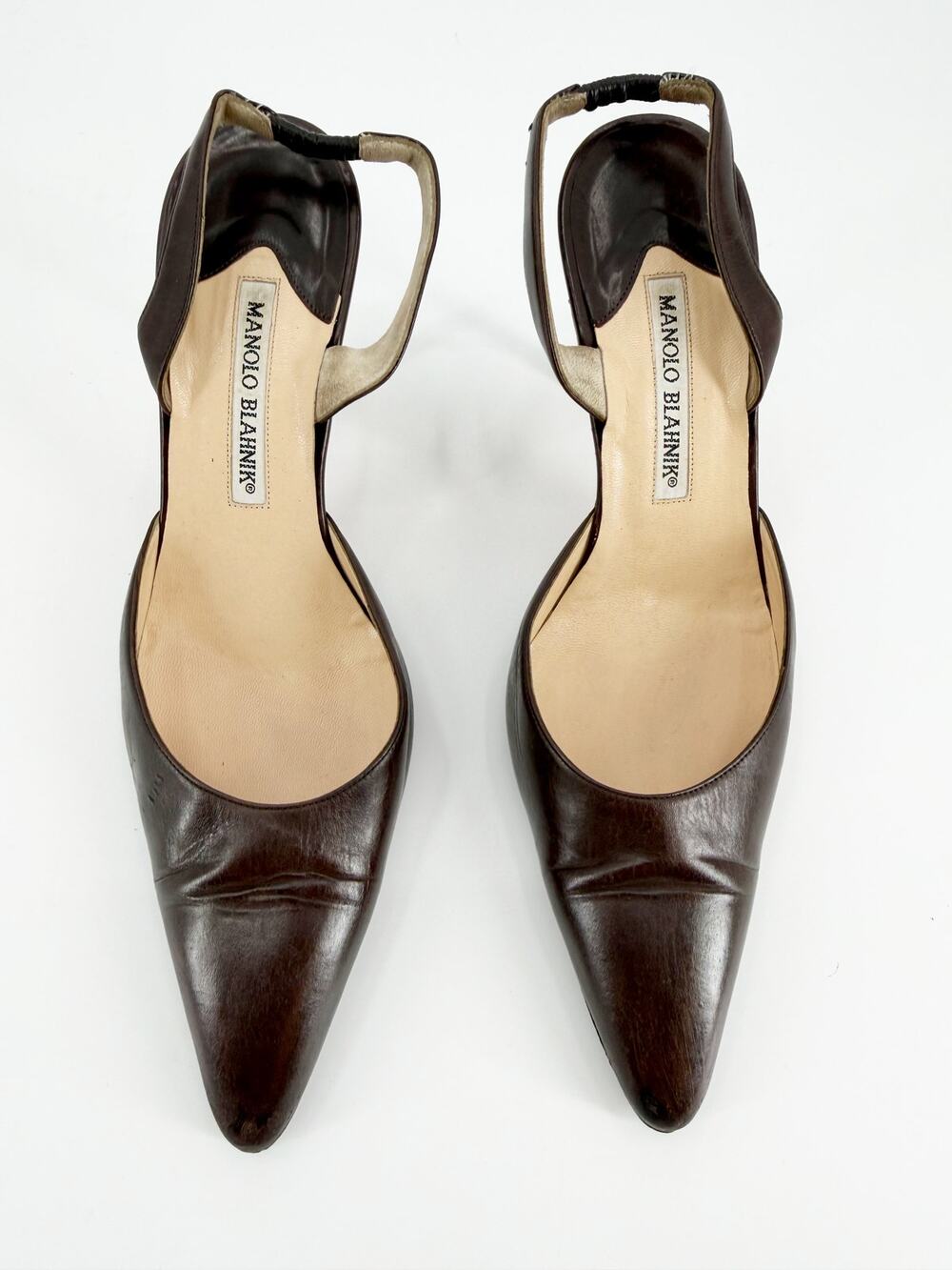 Manolo Blahnik Carolyne Brown Leather Slingback Pointed Pumps Heels 38 EU 8